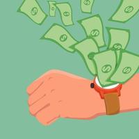 hand and watch with flying money vector