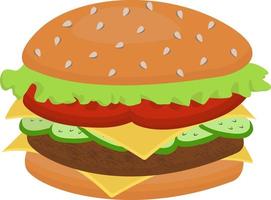 Illustration of a stylized hamburger or cheeseburger. Fast food food. Isolated on a white background.Cartoon delicious big hamburger with cheese and sesame seeds, isolated on a white background. vector