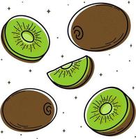 Vector illustration of a set of kiwis. Design elements for menus, advertisements and covers, children's books, food and food illustrations. Vector of fruits, leaves of garden plants. Dietary nutrition