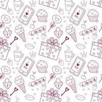 Cute seamless pattern on the theme of Valentine's Day, wedding, romantic events. Contour vector icons on a light background.
