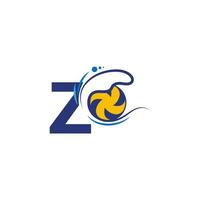 Letter Z logo and volleyball hit into the water waves vector