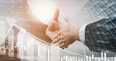 Double exposure of business Partner handshake between a man and a woman on blue sky background, business deal, handshake on modern blue background, Teamwork,support. Solidarity, compassion, photo