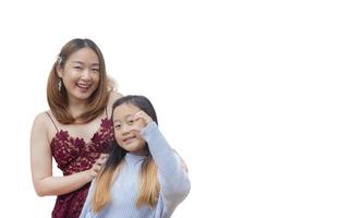 Asian family woman and a man with little junior woman smiling and fun isolated over white background photo