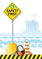 seguridad primero, concepto de construcción, protección de la salud, equipo de trabajadores de seguridad, diseño vectorial
