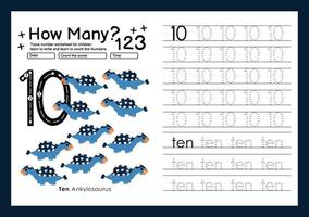 Numbers tracing template by counting Dinosaur with Number ten vector