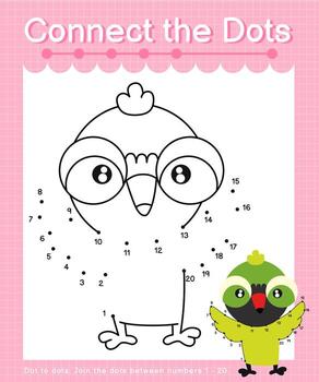 Connect the dots counting numbers 1 to 20 puzzle worksheet with cute Animals vector