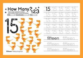 Numbers tracing template by counting Dinosaur with Number fifteen vector