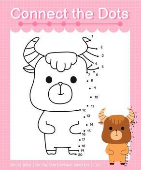 Connect the dots counting numbers 1 to 20 puzzle worksheet with cute Animals vector