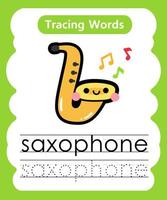 English tracing word worksheets with vocabulary saxophone vector