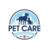 Vector Pet Shop logo design template. Modern animal icon label for store, veterinary clinic, hospital, shelter, business services. Flat illustration background with dog and cat