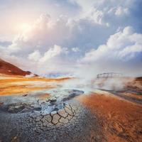 Fumarole field in Namafjall Godafoss waterfall at sunset. Beauty world photo