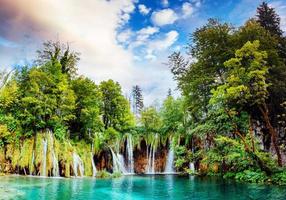 Breathtaking waterfalls panorama in Plitvice Lakes National Park photo