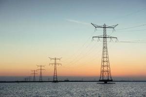 Electric poles in the water at sunset photo