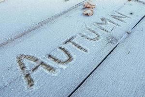 Writing on the snow. Wooden texture.