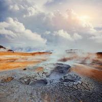 Fumarole field in Namafjall Godafoss waterfall at sunset. Beauty world. photo