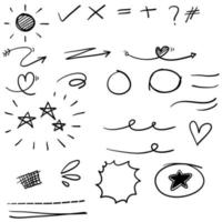 Hand drawn set elements, black on white background. Arrow, heart, love, speech bubble, star, leaf, sun,light,check marks ,crown, king, queen,Swishes, swoops, emphasis ,swirl, heart.with cartoon line vector