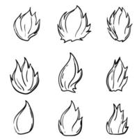 icono de llama de fuego dibujado a mano en estilo de dibujos animados de fideos vector