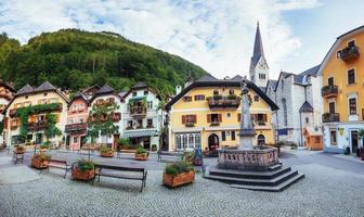 Scenic view. The historic area of the city Hallstatt with tradit