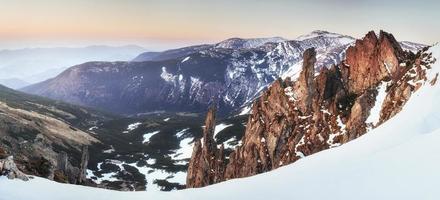 magical winter snow. Spring landscape. Sunset in the Carpathians photo