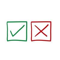 Check mark vector icons. Green tick and Red X cross. Hand drawn doodle style vector isolated on white.