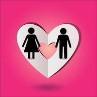 Man and women on paper heart background, vector illustration