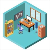 Isometric office interior A vector illustration of an office desk with PC and chair.