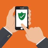 Green Shield on a smartphone screen. Hand holds the smartphone and finger touch screen. Modern Flat design illustration. vector