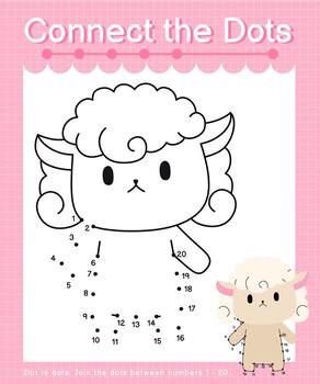 Connect the dots counting numbers 1 to 20 puzzle worksheet with cute Animals vector