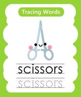 English tracing word worksheets with vocabulary scissors vector