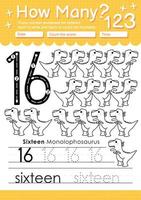 Numbers tracing template with the number sixteen vector