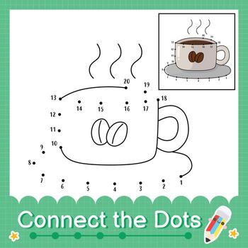 Connect the dots counting numbers 1 to 20 puzzle worksheet with coffee vector