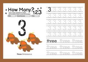 Numbers tracing template by counting Dinosaur with Number three vector