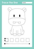 Trace the line and coloring with cute baby animal Hippo vector