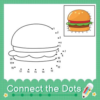 Connect the dots counting numbers 1 to 20 puzzle worksheet with hamburger vector