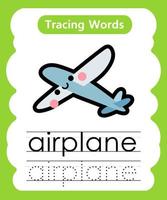 English tracing word worksheets with vocabulary airplane vector