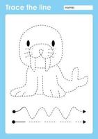 Trace the line and coloring with cute baby animal Walrus vector