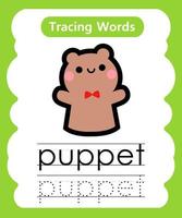 English tracing word worksheets with vocabulary puppet vector