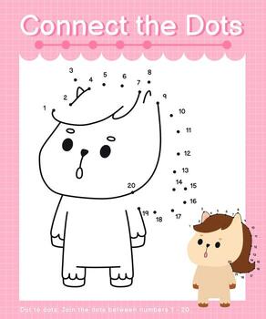 Connect the dots counting numbers 1 to 20 puzzle worksheet with cute Animals vector