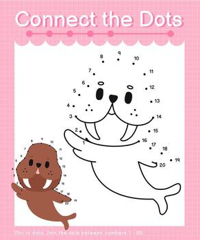 Connect the dots counting numbers 1 to 20 puzzle worksheet with cute Animals vector