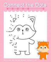 Connect the dots counting numbers 1 to 20 puzzle worksheet with cute Animals vector