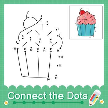 Connect the dots counting numbers 1 to 20 puzzle worksheet with cupcake vector
