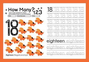 Numbers tracing template by counting Dinosaur with Number eighteen vector