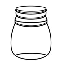 Oval glass jar with a lid. Empty flask. Isolated vector icon on white background. The contour of the bottle, the silhouette of the vessel. Hand-drawn black doodle.