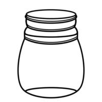 Oval glass jar with a lid. Empty flask. Isolated vector icon on white background. The contour of the bottle, the silhouette of the vessel. Hand-drawn black doodle.