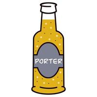 Beer bottle vector icon. Glass packaging with brown alcoholic beverage. Isolated illustration on a white background. Porter drink in cartoon style. Hand-drawn color doodle.