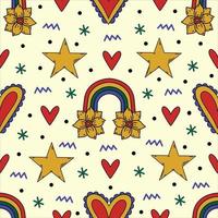 maravilloso patrón de vector vintage hippie sin costuras. fondo retro con arco iris, flores de margarita, corazones, estrellas. símbolos de paz, amor, amistad. garabatos de dibujos animados, telón de fondo para envolver, tela, web