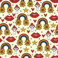 Groovy hippie vintage seamless vector pattern. Retro background with rainbow, daisy flowers, hearts, fly agaric mushrooms, kissing lips. Symbols of peace, love, friendship. Cartoon doodles