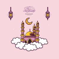 ilustración de ramadan kareem con dibujos animados de mezquita y linterna vector