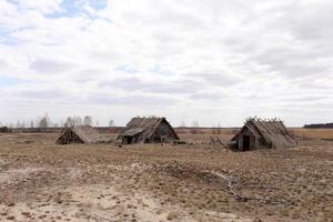 remnants of Ancient houses made from hollow logs with wooden and thatched roofs on the meadow photo