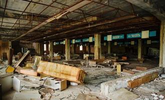 Supermarket shop at Chernobyl exclusion zone with ruins of abandoned pripyat city zone of radioactivity ghost town.
